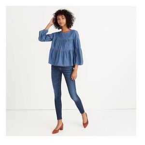 MADEWELL XS CHAMBRAY TIERED BABYDOLL DENIM TOP